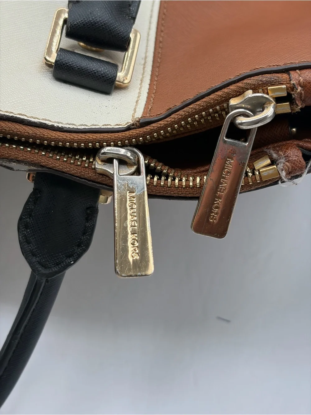 Michael Kors Sutton Large Center Strip Satchel Bag Color Block White Brown Black